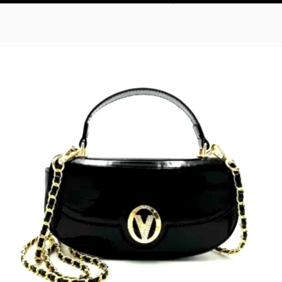 NWT Valentino Orlandi Black Patent Leather Mini Handbag Gold Chain Strap V Logo - Picture 2 of 7